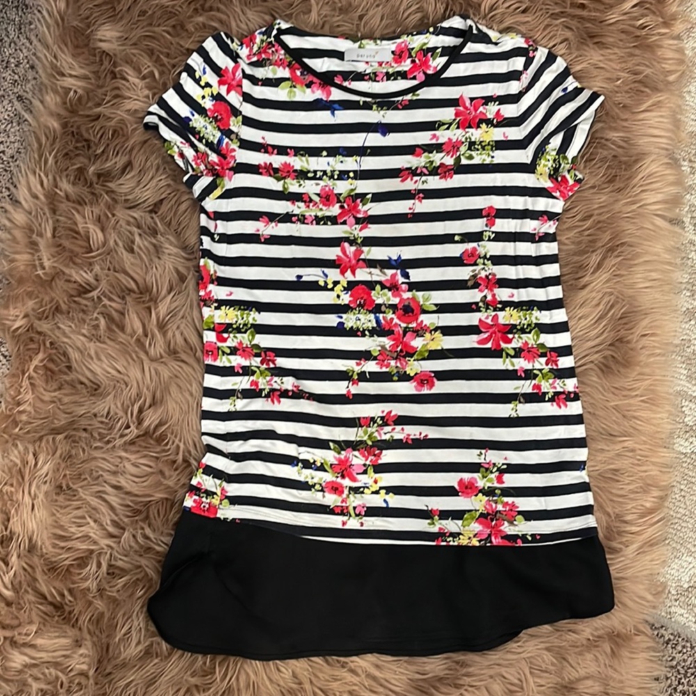 Long length Black and white stripped floral top